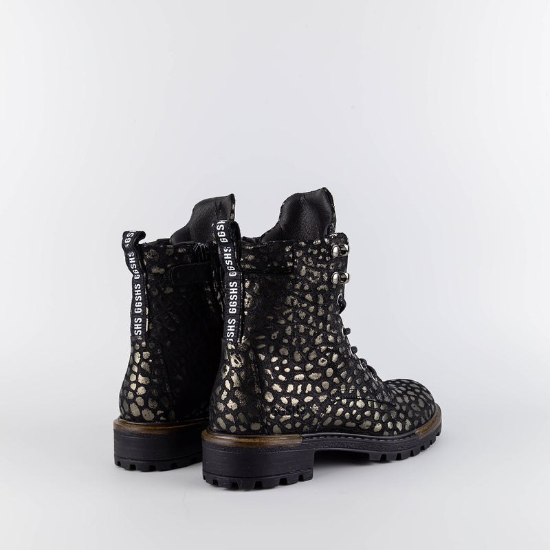 Isis Black/Gold Leather Combat Boots
