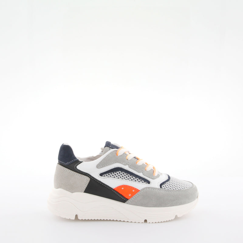 Boy's gray and orange suede sneakers by Giga Shoes.