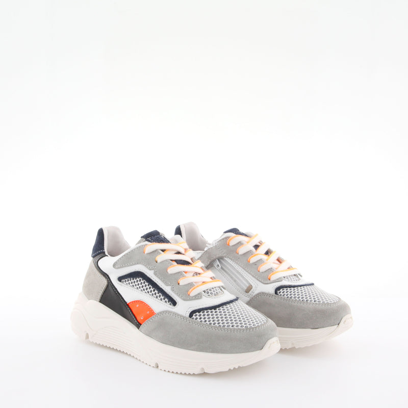 Boy's gray and orange suede sneakers by Giga Shoes.