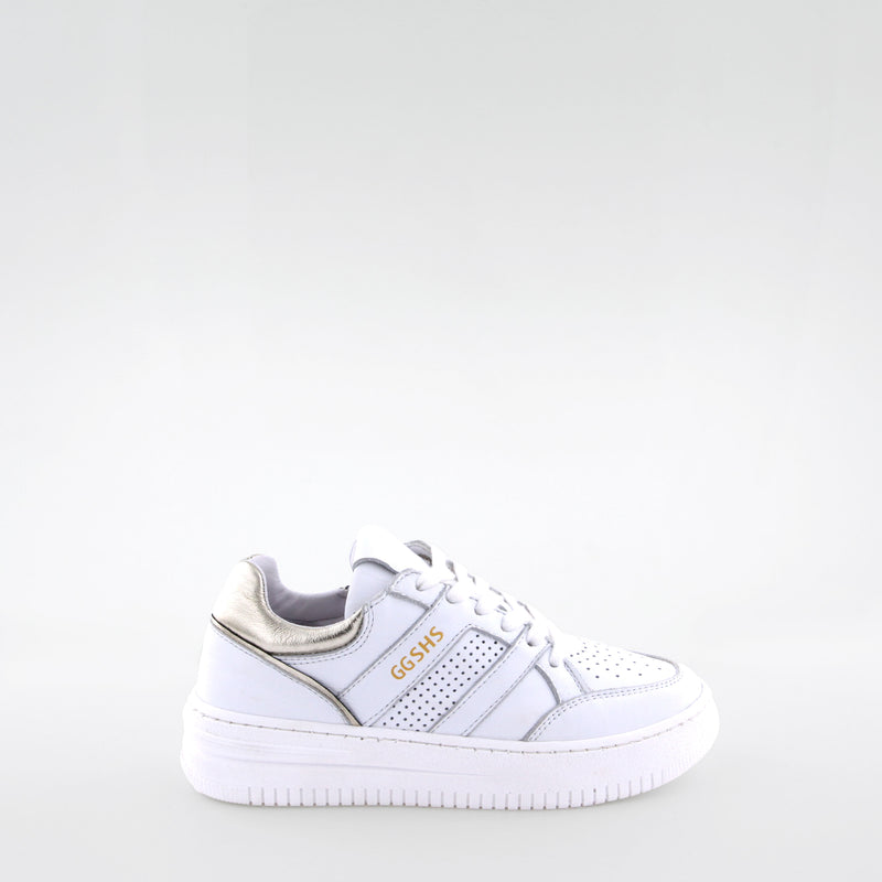 Girl's white leather sneakers by Giga Shoes.