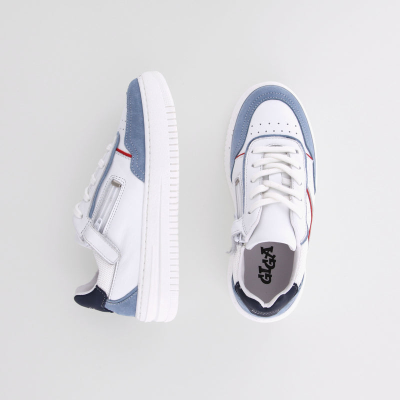 Boy's white and blue leather sneakers by Giga Shoes.