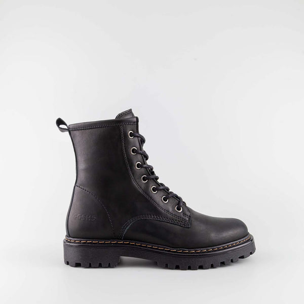 Girl's black leather combat boot by Giga Shoes.