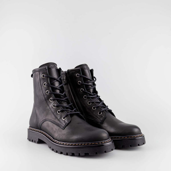 Girl's black leather combat boot by Giga Shoes.