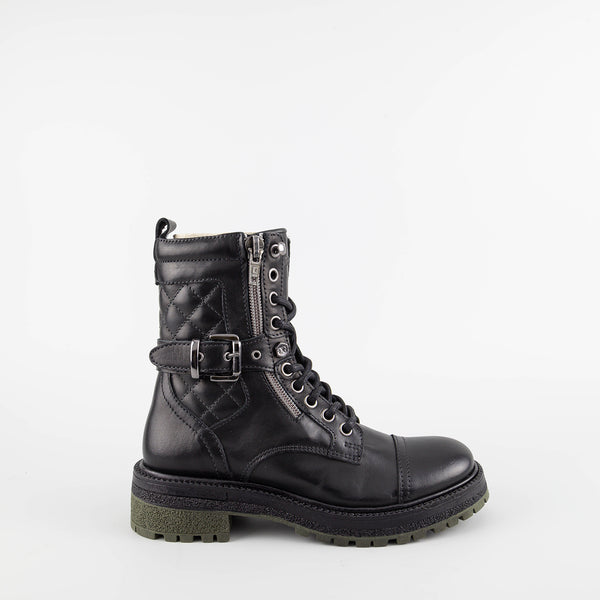 Nell Black Gunmetal Leather Combat Boots Giga