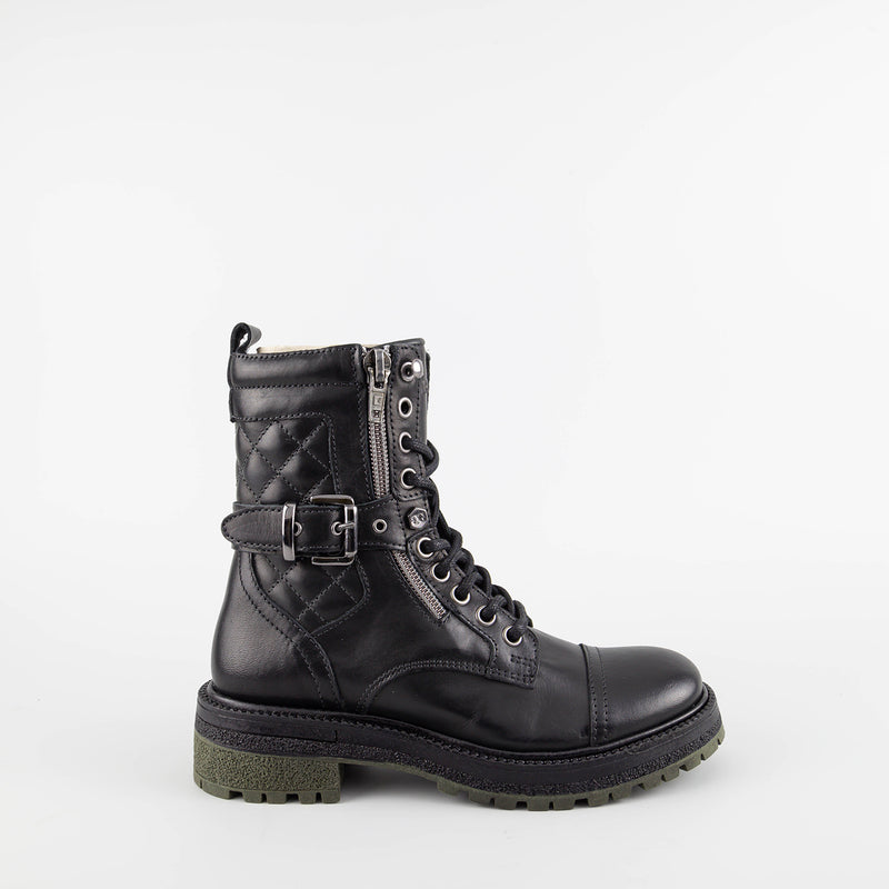 Nell Black/Gunmetal Leather Combat Boots