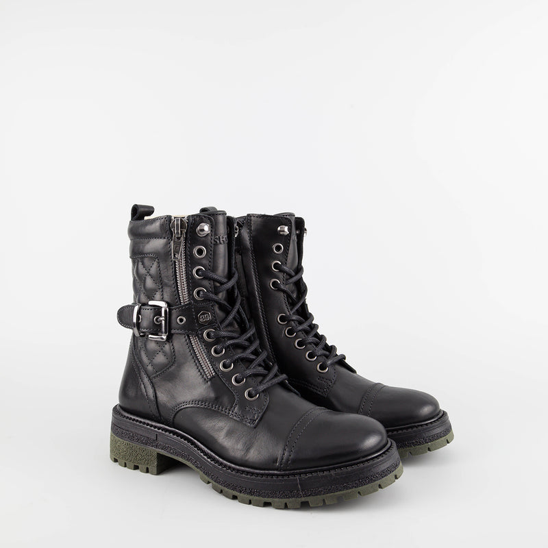 Nell Black/Gunmetal Leather Combat Boots