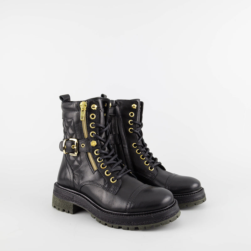 Nell Black/Gold Leather Combat Boots